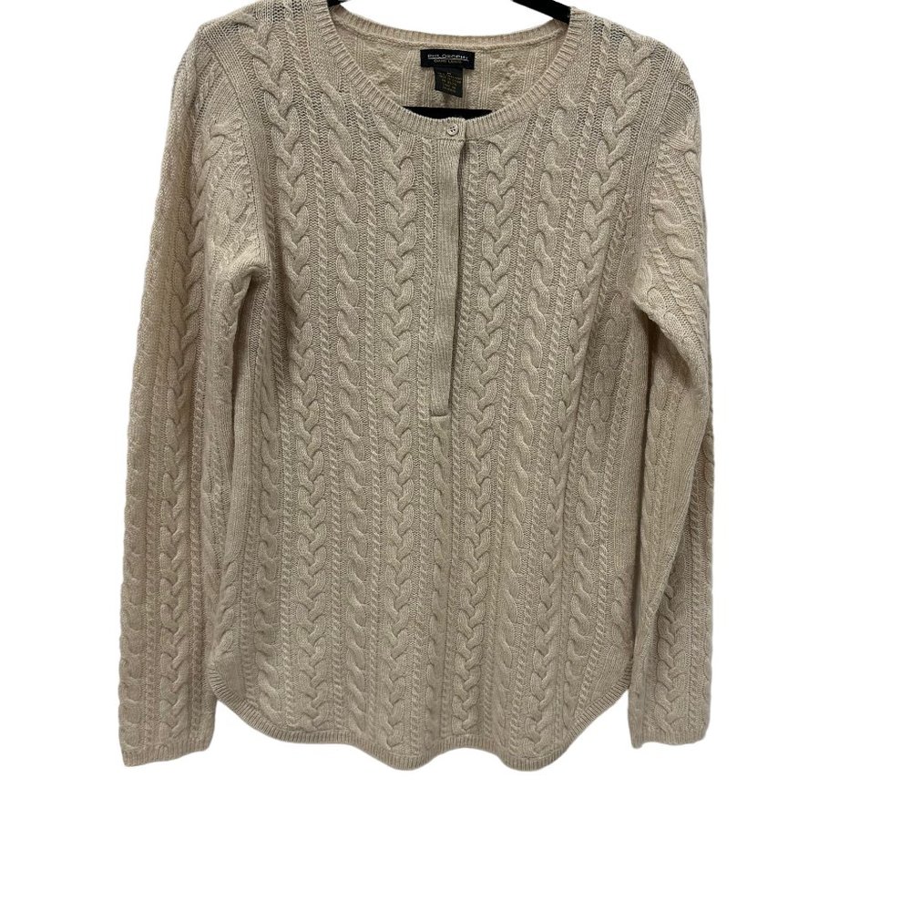 Philosophy 100% Cashmere Cable Knit Sweater Henley Style, Oatmeal, Size M